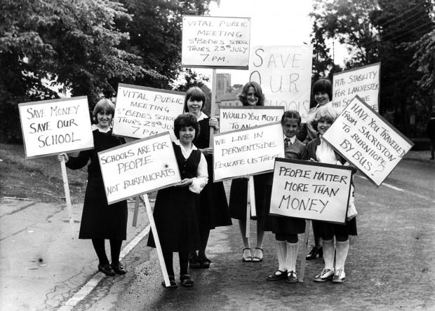 The Northern Echo: Children in Lanchester in 1981 protesting about a proposed closure of their secondary school. "Schools are for people not bureaucrats" reads one of their posters 